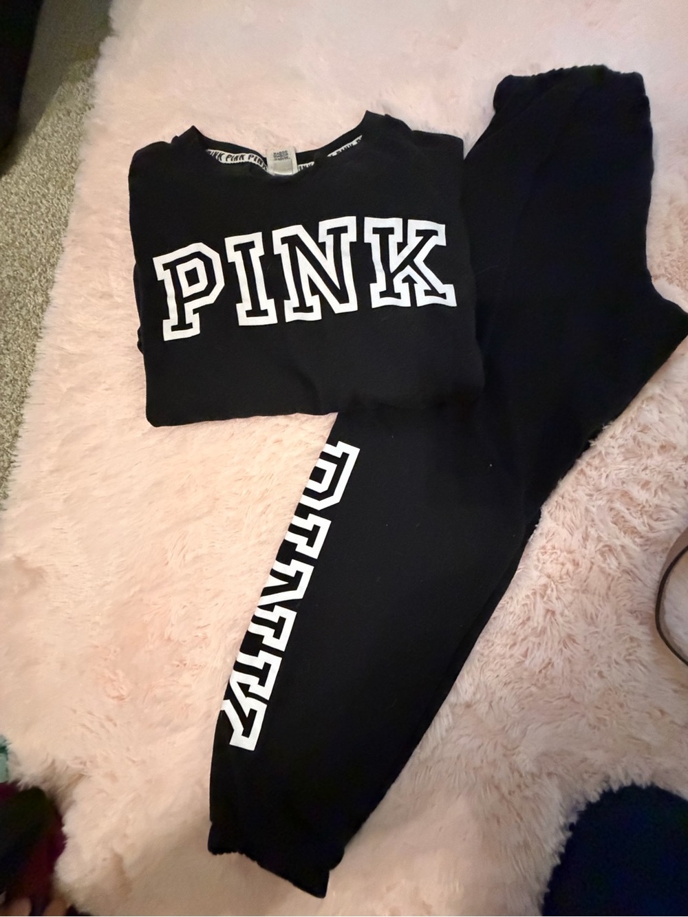 ⭐️PINK Victoria's Secret Black Sweatshirt and Jogger Set with White Logo